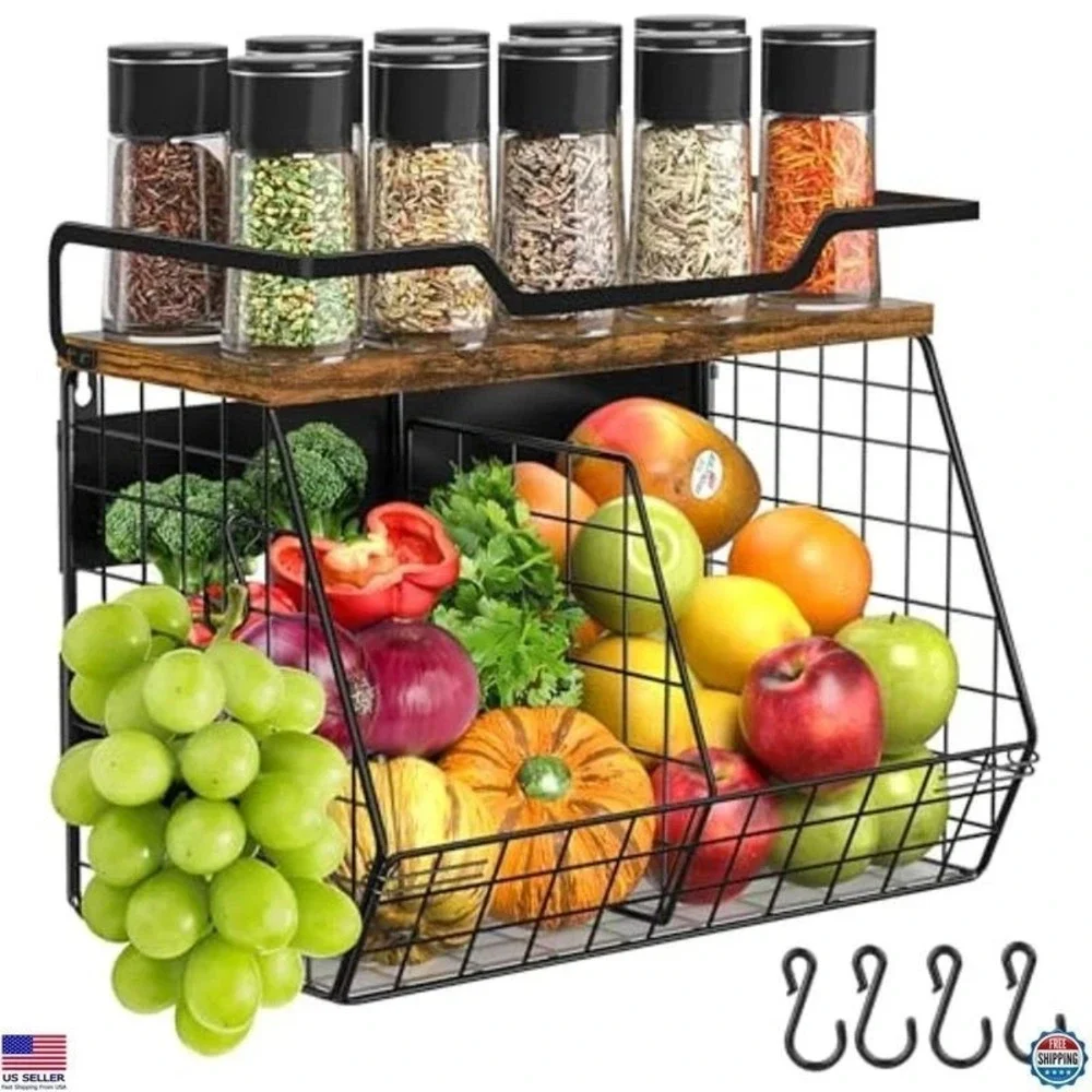 New Magnetic Fridge Shelf with Wood Lid, Storage Bins for Fruits & Vegetables